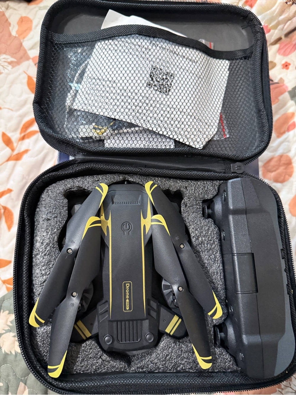 Foldable Black and Yellow Drone with Carrying Case and Remote